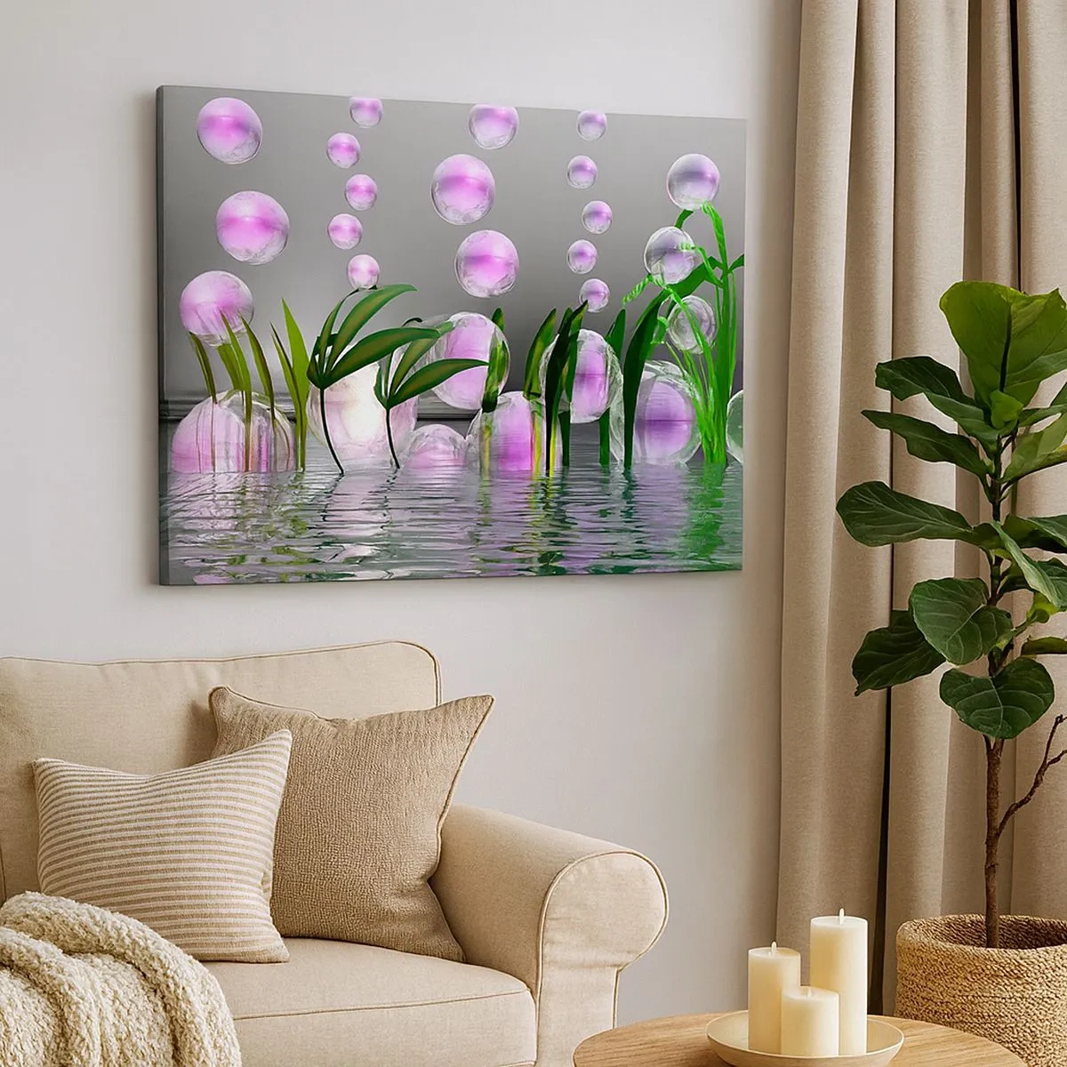 Cuadro sobre lienzo - Impresión de Imagen - Hojas verdes y burbujas rosadas sobre el agua sobre un fondo gris. - 70x50cm - Composición reflexiva de ligereza y vida - Decoración de pared moderna para salón y dormitorio ARTTOR