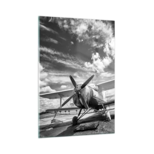 Cuadro sobre vidrio - Impresiones sobre Vidrio - Fotografía en blanco y negro de un biplano clásico. - 50x70cm - No puedo esperar - Decoración de pared moderna para salón y dormitorio ARTTOR