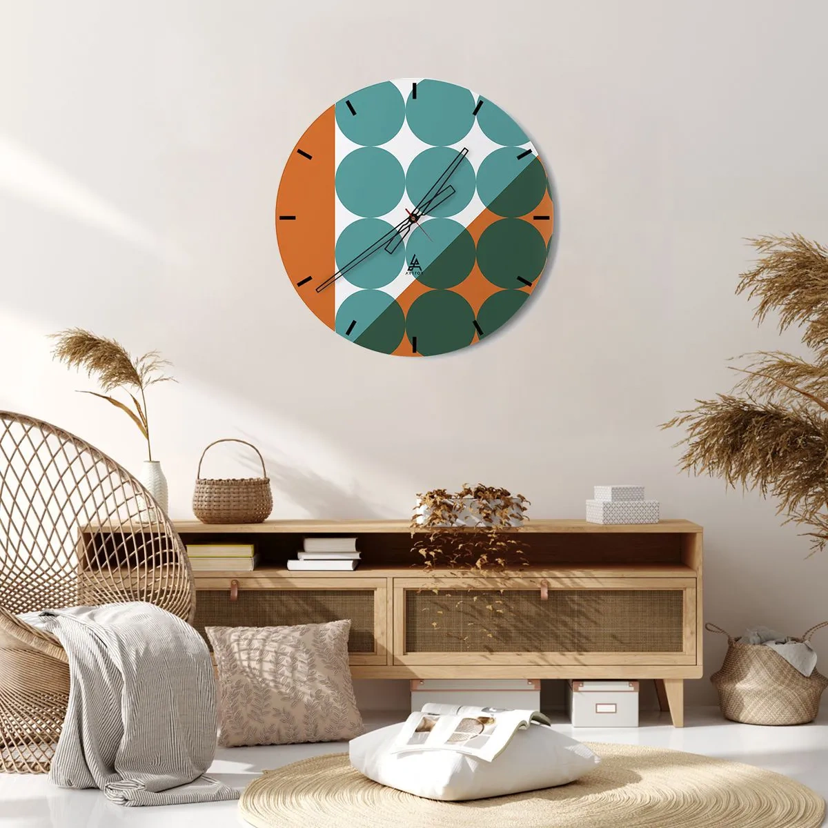 Reloj de pared - Reloj de vidrio - Círculos geométricos en tonos verdes y naranjas. - 30x30cm - Hacia arriba y en diagonal - Decoración de pared moderna para salón, cocina y dormitorio ARTTOR