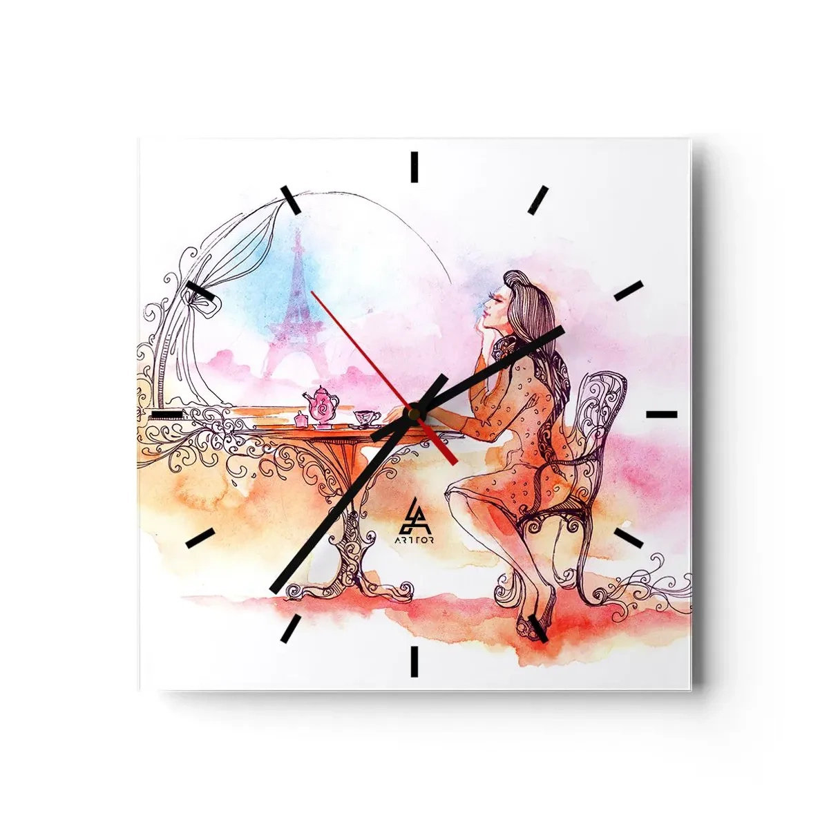 Reloj de pared - Reloj de vidrio - Acuarela romántica de una mujer en un café con vistas a una torre. - 30x30cm - Estilo parisino - Decoración de pared moderna para salón y dormitorio ARTTOR