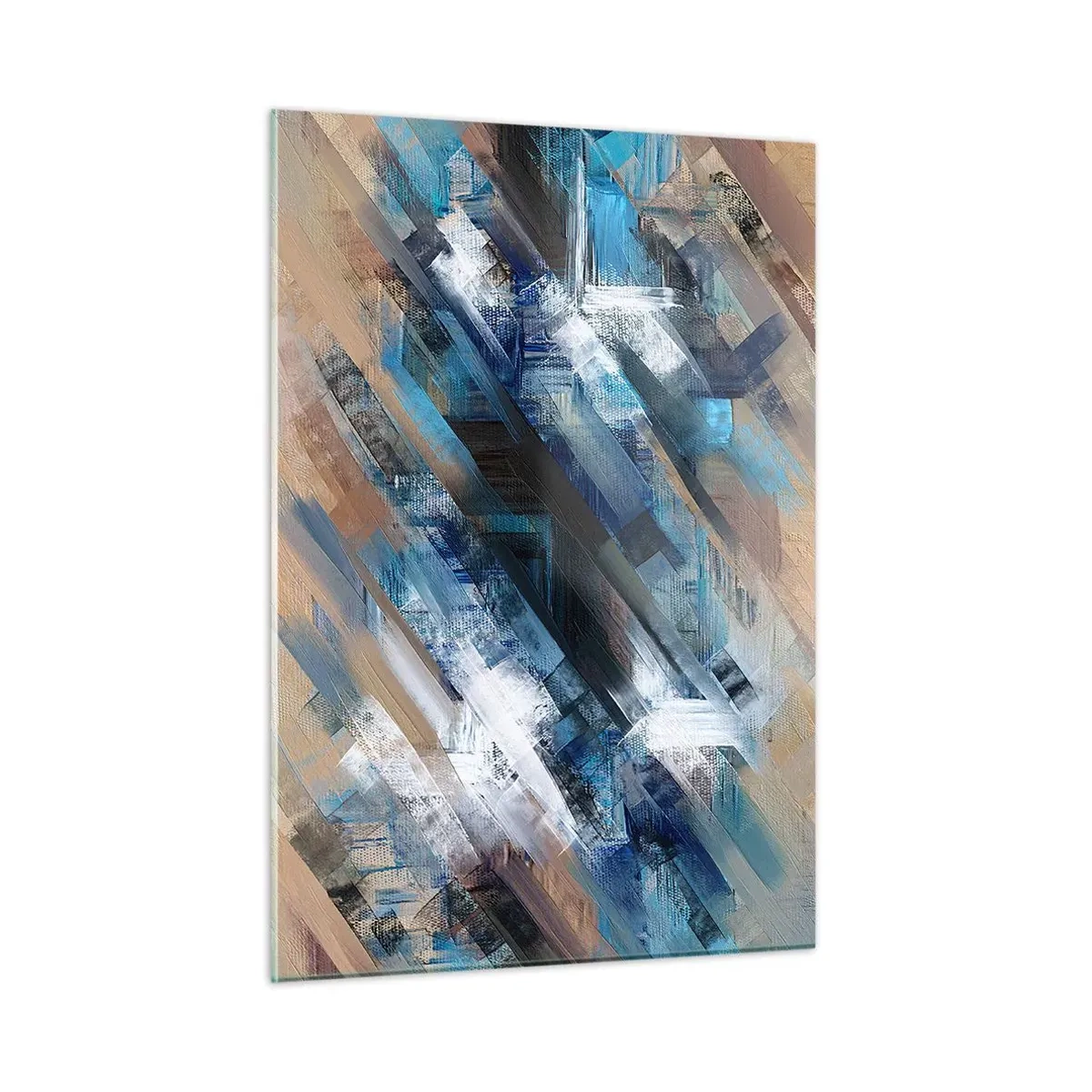 Cuadro sobre vidrio - Impresiones sobre Vidrio - Rayas diagonales abstractas en tonos azul, blanco y beige. - 50x70cm - En una inclinación azul - Decoración de pared moderna para salón y dormitorio ARTTOR
