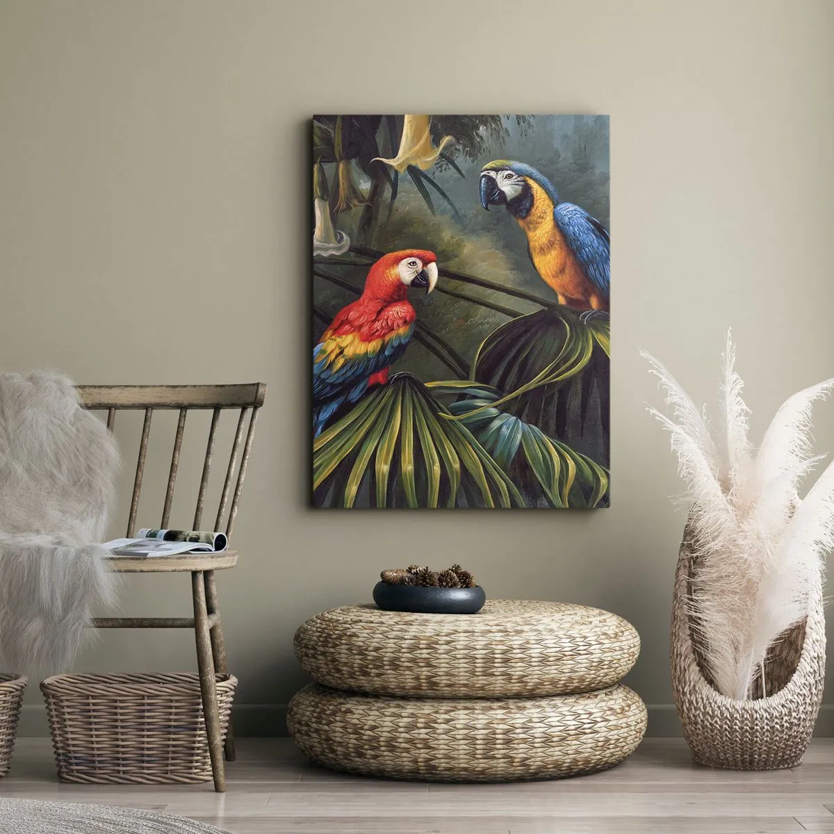 Cuadro sobre lienzo - Impresión de Imagen - Loros en un bosque tropical con flores exóticas al fondo. - 80x120cm - Romanticismo en los trópicos - Decoración de pared moderna para salón y dormitorio ARTTOR