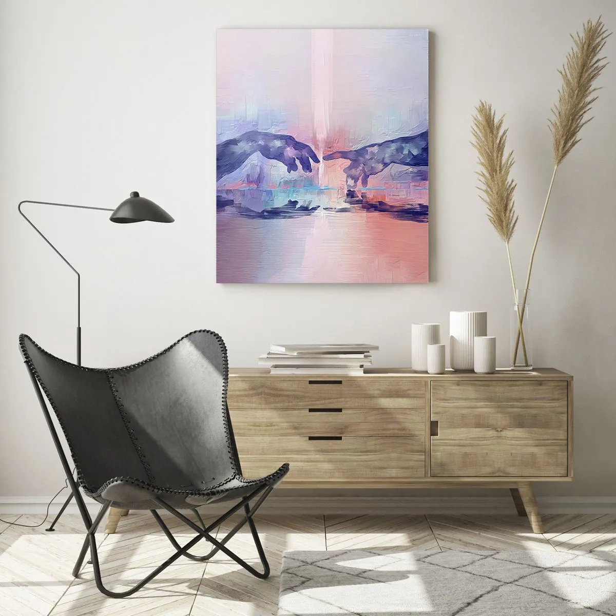 Cuadro sobre vidrio - Impresiones sobre Vidrio - Manos abstractas acercándose una a la otra sobre un fondo pastel. - 50x70cm - Chispa divina de vida - Decoración de pared moderna para salón y dormitorio ARTTOR