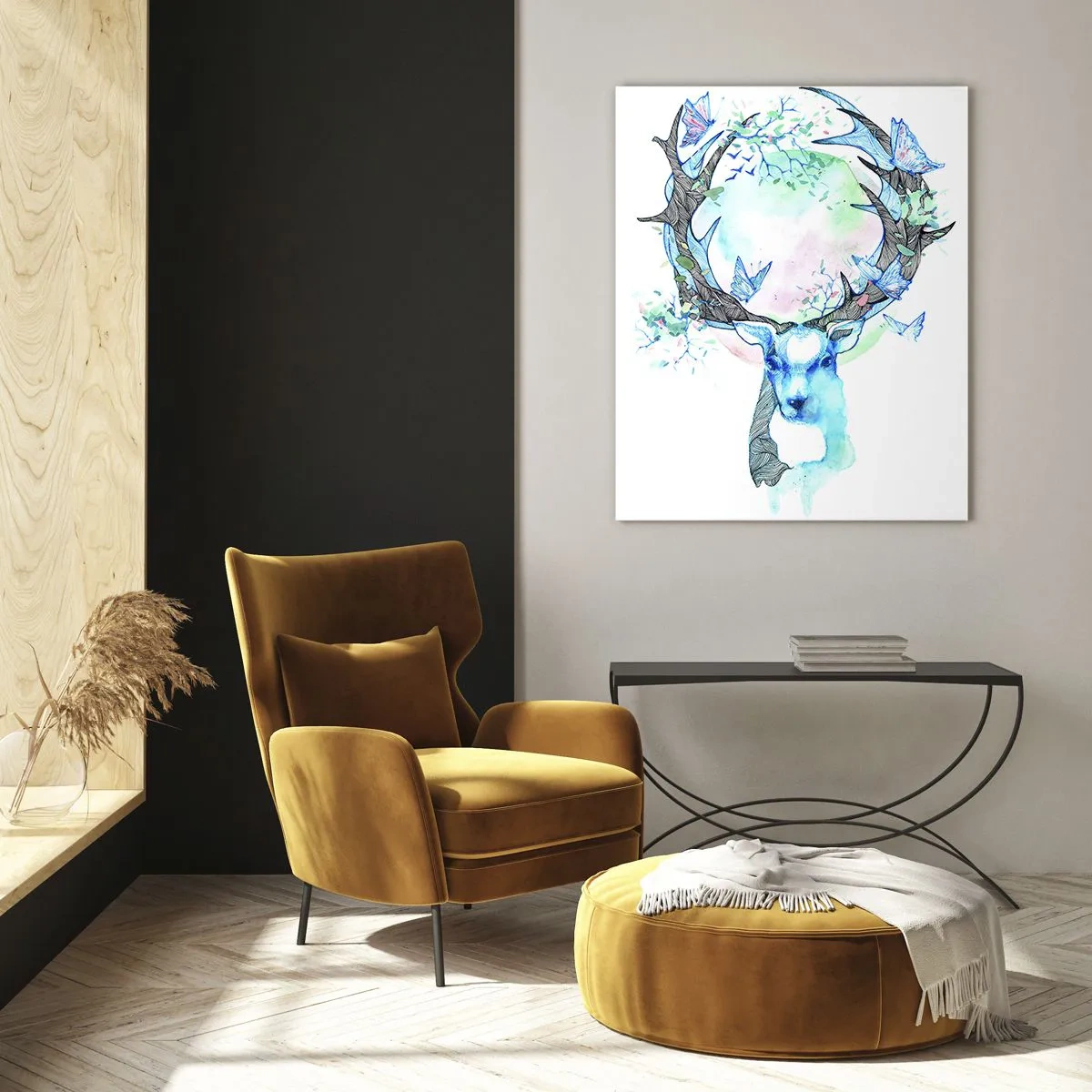 Cuadro sobre vidrio - Impresiones sobre Vidrio - Ilustración de un ciervo con mariposas en sus astas - 50x70cm - La fuerza y la dulzura de la naturaleza - Decoración de pared moderna para salón y dormitorio ARTTOR