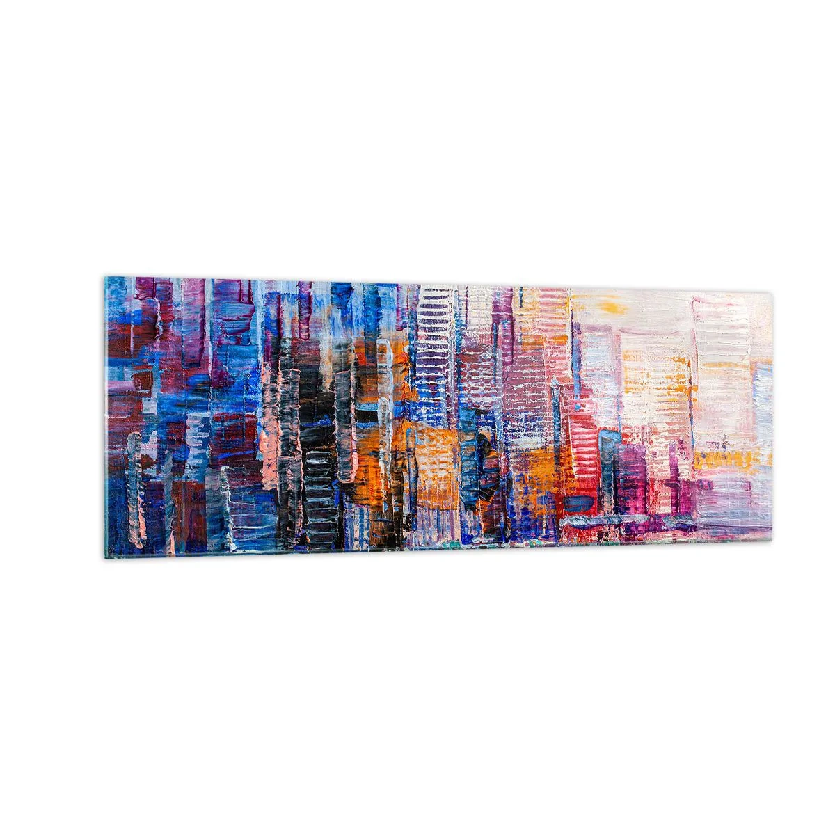 Cuadro sobre vidrio - Impresiones sobre Vidrio - Un panorama colorido de la ciudad con reflejos en el agua. - 140x50cm - Una metrópoli alegre - Decoración de pared moderna para salón y dormitorio ARTTOR