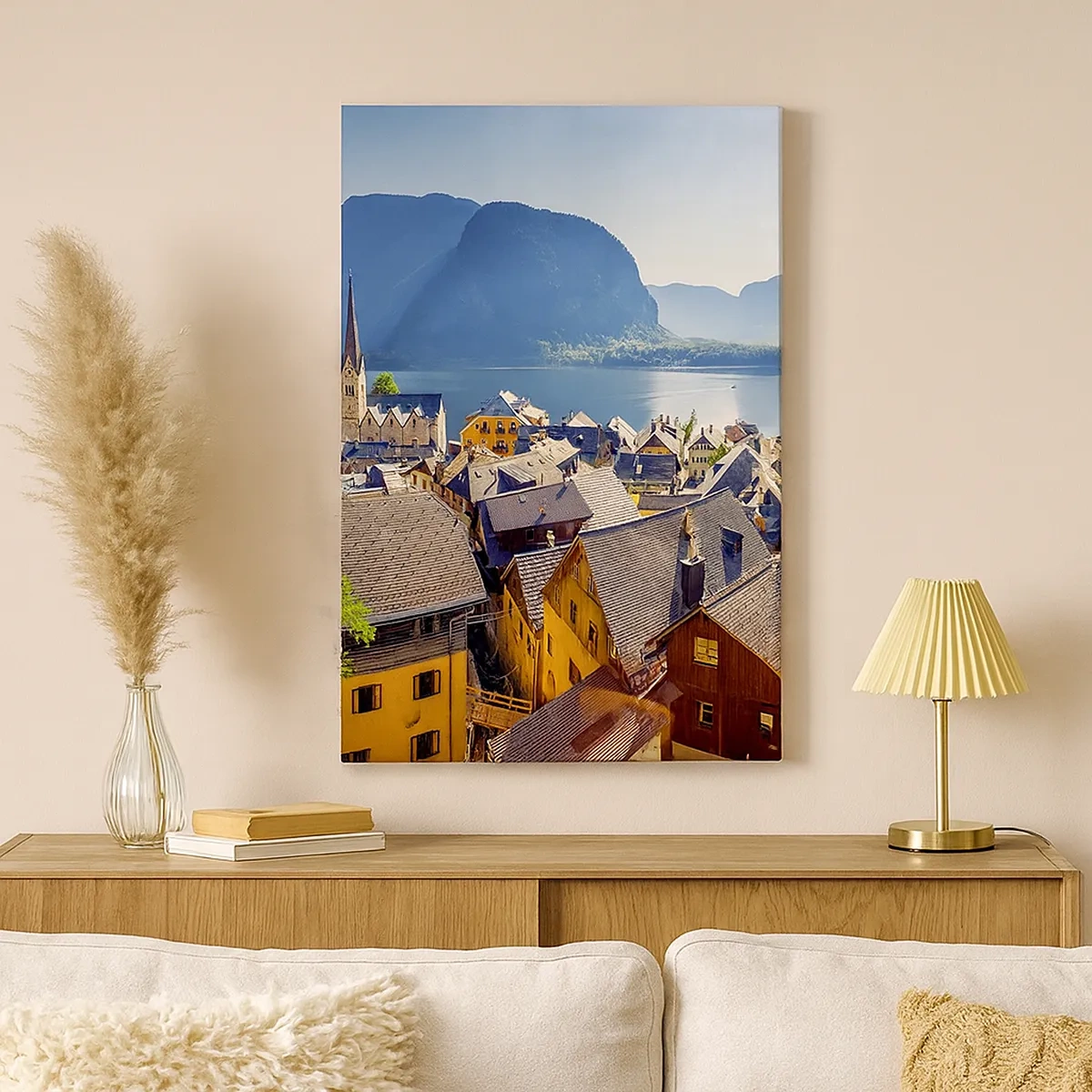 Cuadro sobre lienzo - Impresión de Imagen - Un pintoresco pueblo junto a un lago rodeado de montañas en un día soleado. - 50x70cm - No podría ser más pintoresco - Decoración de pared moderna para salón y dormitorio ARTTOR
