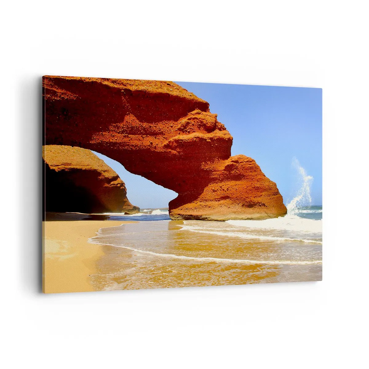 Cuadro sobre lienzo - Impresión de Imagen - Un arco de roca natural en una playa con cielos azules y olas. - 100x70cm - El agua y el viento a través de miles de años - Decoración de pared moderna para salón y dormitorio ARTTOR