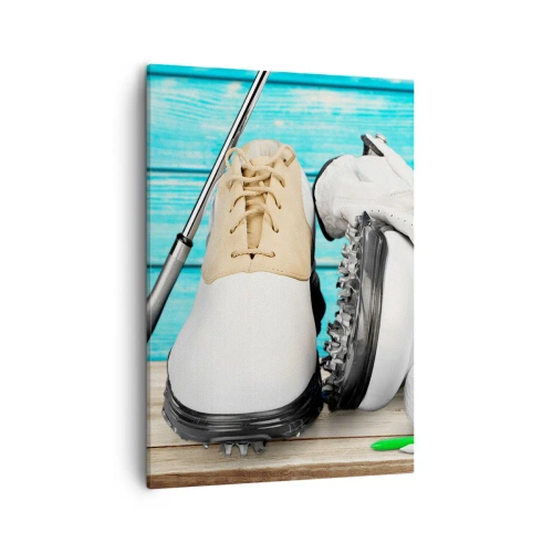 Cuadro sobre lienzo - Impresión de Imagen - Un conjunto de accesorios de golf sobre un fondo de madera. - 50x70cm - Todo listo - Decoración de pared moderna para salón y dormitorio ARTTOR