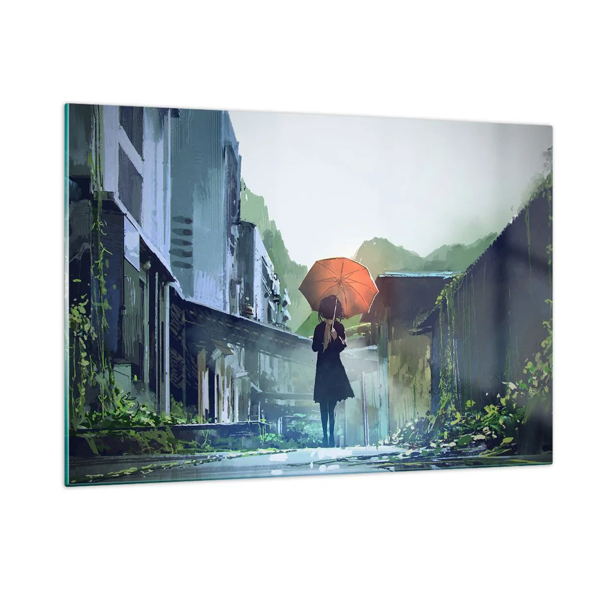 Cuadro sobre vidrio - Impresiones sobre Vidrio - Una figura con un paraguas naranja en una calle lluviosa. - 120x80cm - Una lluvia revitalizante - Decoración de pared moderna para salón y dormitorio ARTTOR