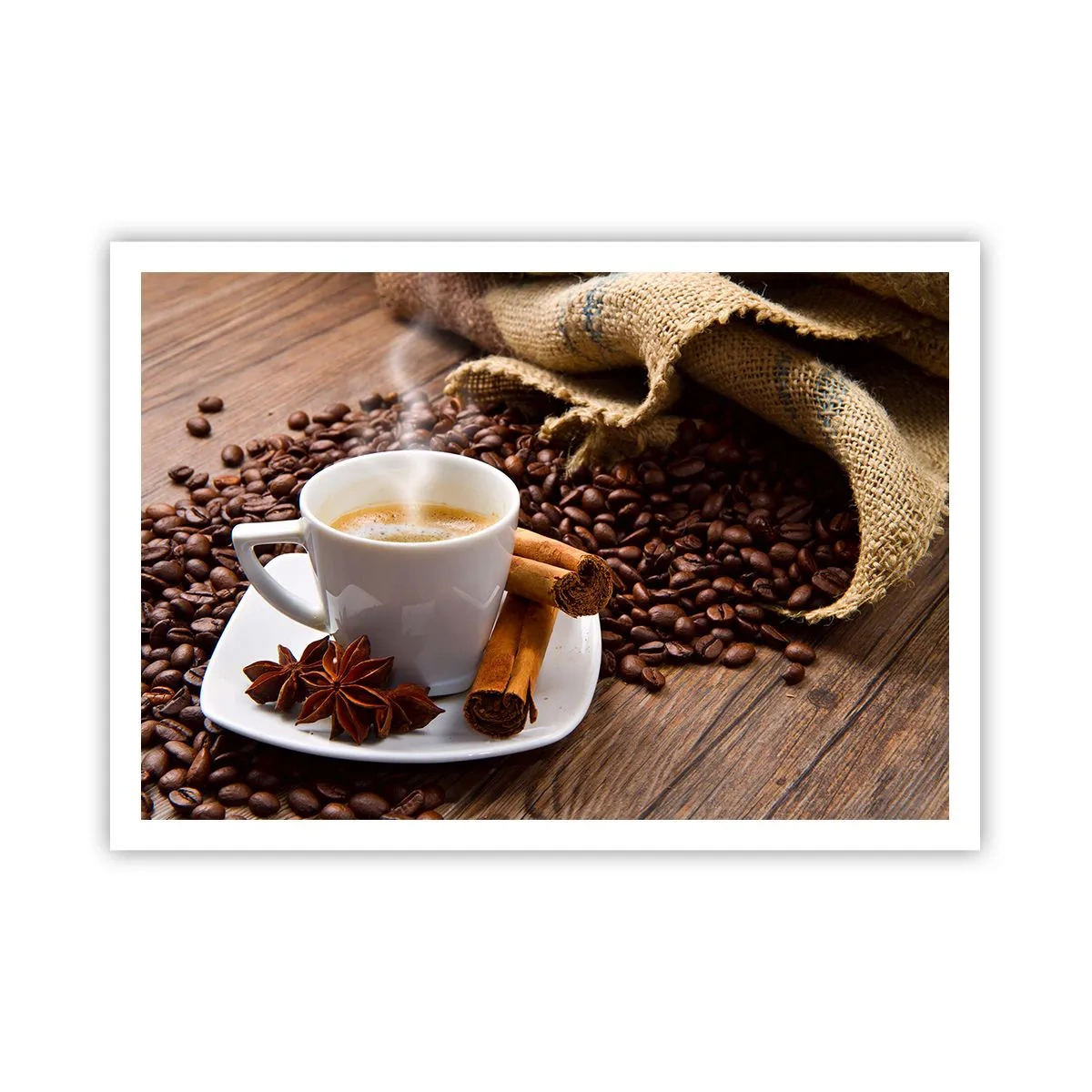 Póster - Una taza de café con canela y anís sobre un fondo de granos de café. - 100x70cm - Sabor y aroma picante - Decoración de pared moderna para salón y dormitorio ARTTOR