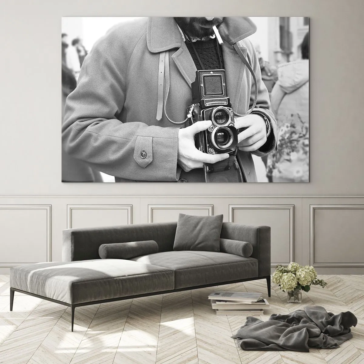 Cuadro sobre vidrio - Impresiones sobre Vidrio - Fotografía en blanco y negro de un hombre con una cámara analógica. - 120x80cm - En estilo retro - Decoración de pared moderna para salón y dormitorio ARTTOR