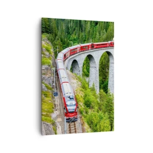 Cuadro sobre lienzo - Impresión de Imagen - Un tren en un pintoresco viaducto en un paisaje montañoso. - 70x100cm - Atravesando las montañas - Decoración de pared moderna para salón y dormitorio ARTTOR