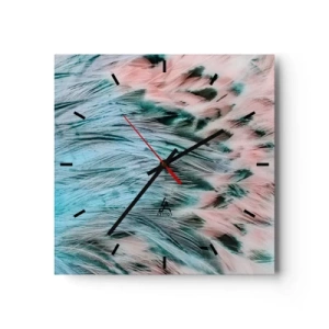 Reloj de pared - Reloj de vidrio - Primer plano de plumas en colores rosa zafiro pastel - 30x30cm - Suavidad rosa zafiro - Decoración de pared moderna para salón y dormitorio ARTTOR