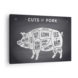 Cuadro sobre lienzo - Impresión de Imagen - Diagrama de cortes de carne de cerdo sobre fondo negro - 70x50cm - Manual del carnicero - Decoración de pared moderna para salón y dormitorio ARTTOR