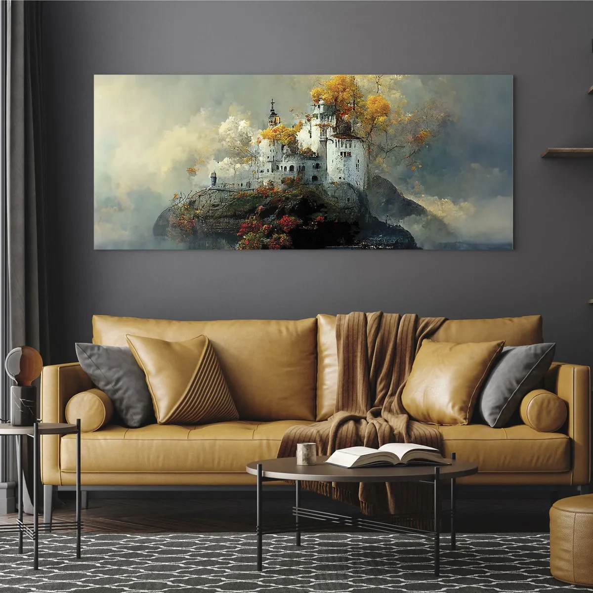 Cuadro sobre vidrio - Impresiones sobre Vidrio - Un castillo en una colina rodeado de árboles otoñales. - 120x50cm - El comienzo de una historia romántica - Decoración de pared moderna para salón y dormitorio ARTTOR