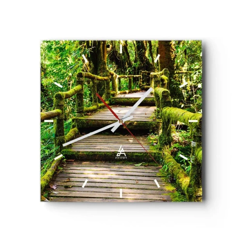 Reloj de pared - Reloj de vidrio - Un puente de madera cubierto de musgo en una selva tropical. - 30x30cm - A través de un corredor verde - Decoración de pared moderna para salón y dormitorio ARTTOR