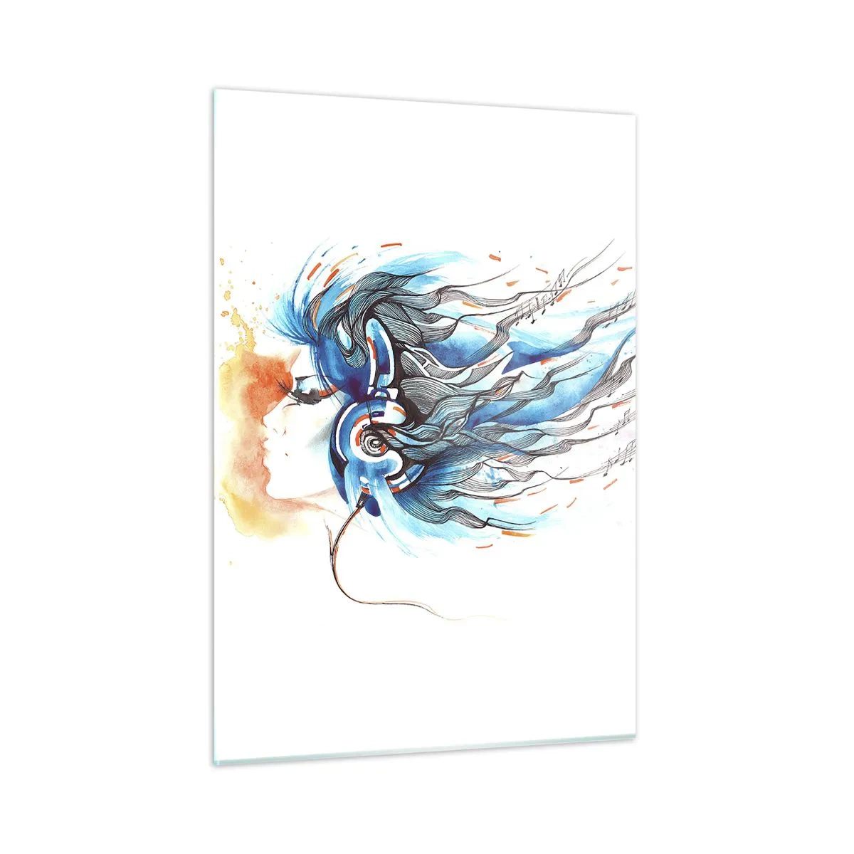 Cuadro sobre vidrio - Impresiones sobre Vidrio - Una mujer con cabello azul y auriculares, en una expresión musical. - 50x70cm - Que suene la música - Decoración de pared moderna para salón y dormitorio ARTTOR