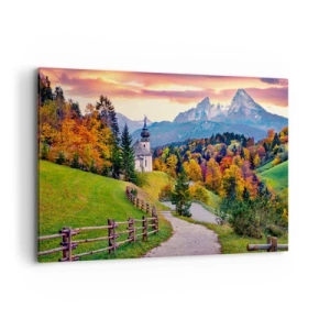 Cuadro sobre lienzo - Impresión de Imagen - Paisaje otoñal de montaña con capilla y puesta de sol. - 100x70cm - Paisaje como una pintura - Decoración de pared moderna para salón y dormitorio ARTTOR