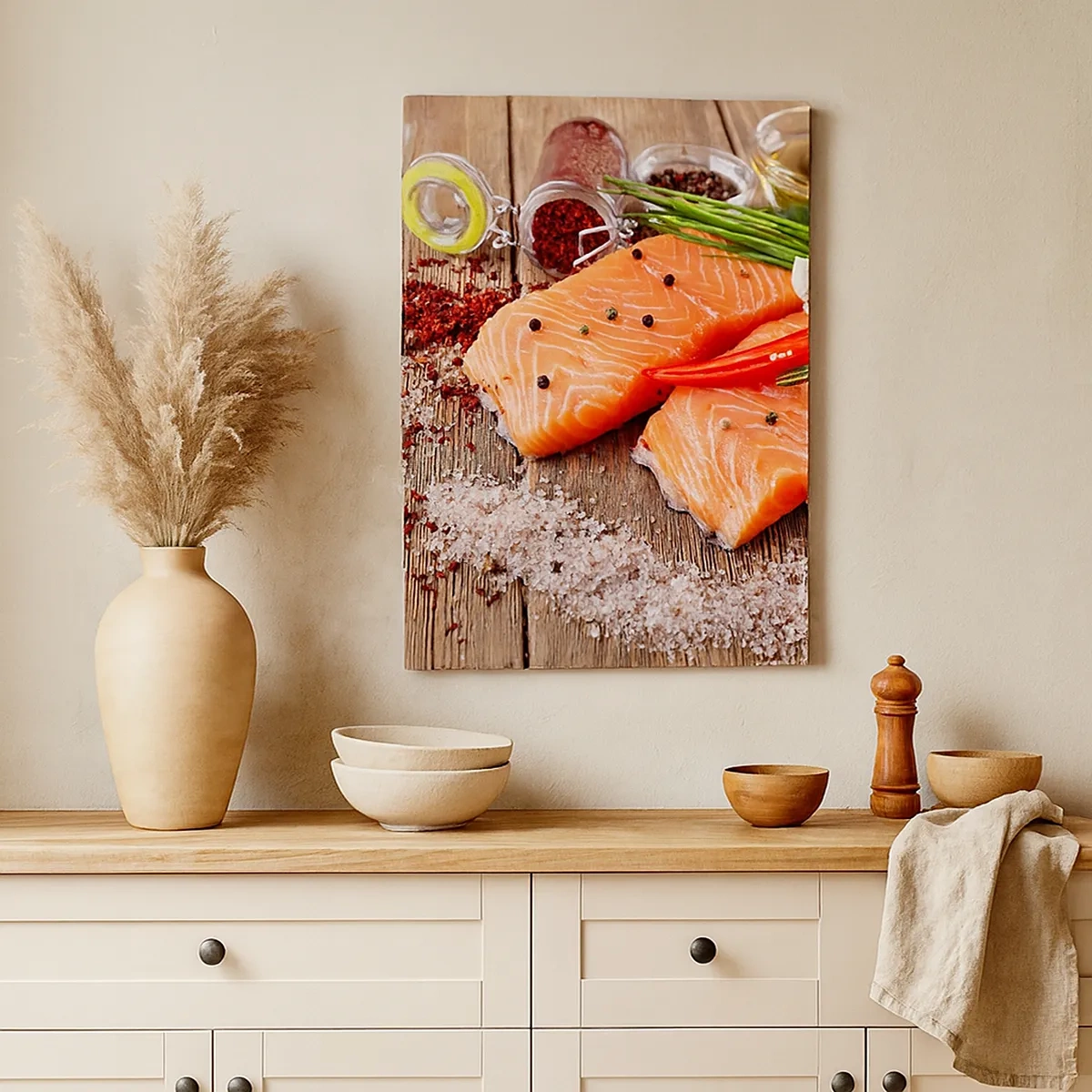 Cuadro sobre lienzo - Impresión de Imagen - Filetes de salmón con especias sobre fondo de madera. - 50x70cm - Una aventura noruega en la cocina - Decoración de pared moderna para salón y dormitorio ARTTOR