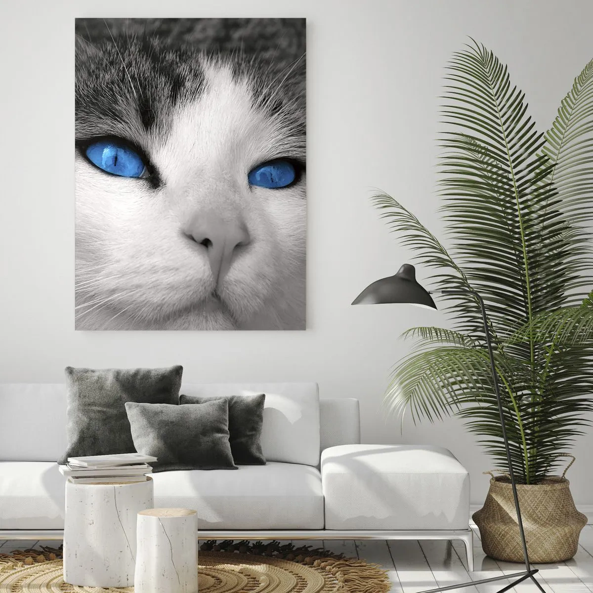 Cuadro sobre vidrio - Impresiones sobre Vidrio - Una fotografía en blanco y negro de un gato con ojos azules intensos. - 50x70cm - Inusual de ojos azules - Decoración de pared moderna para salón y dormitorio ARTTOR