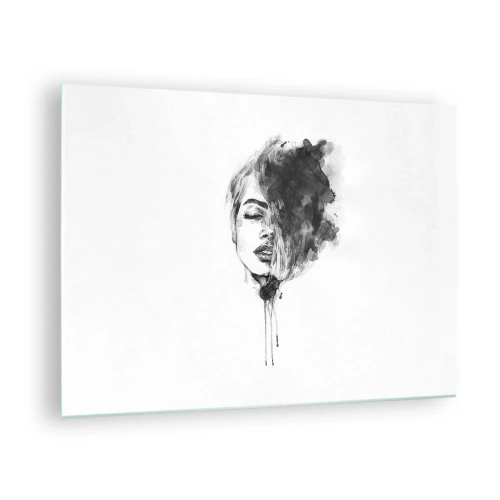 Cuadro sobre vidrio - Impresiones sobre Vidrio - Retrato en blanco y negro de una mujer con una sombra abstracta. - 70x50cm - Sueños en femenino - Decoración de pared moderna para salón y dormitorio ARTTOR