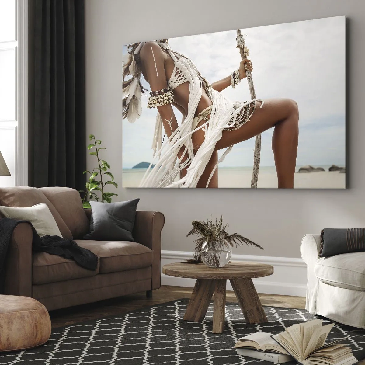 Cuadro sobre lienzo - Impresión de Imagen - Figura de una mujer con adornos y ropa étnica con el telón de fondo de un paisaje tropical. - 100x70cm - Sacerdotisa del sol - Decoración de pared moderna para salón y dormitorio ARTTOR