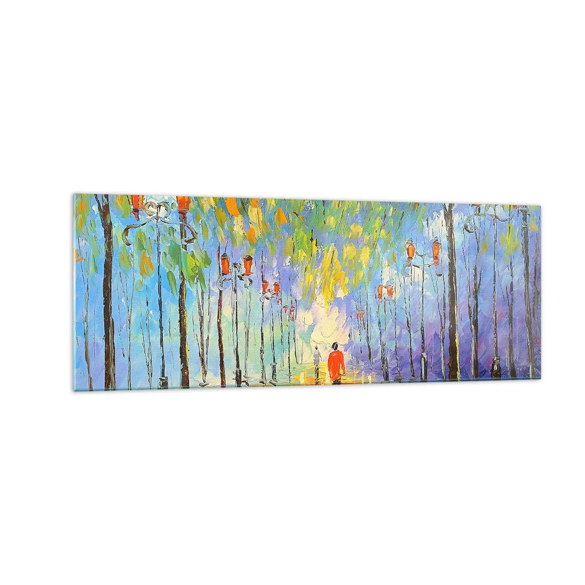 Cuadro sobre vidrio - Impresiones sobre Vidrio - Un pintoresco paseo entre los faroles en una noche lluviosa. - 140x50cm - La canción nocturna de la lluvia - Decoración de pared moderna para salón y dormitorio ARTTOR