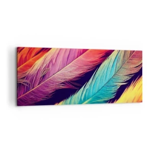 Cuadro sobre lienzo - Impresión de Imagen - Plumas de colores intensos - 120x50cm - Arco iris plumoso - Decoración de pared moderna para salón y dormitorio ARTTOR