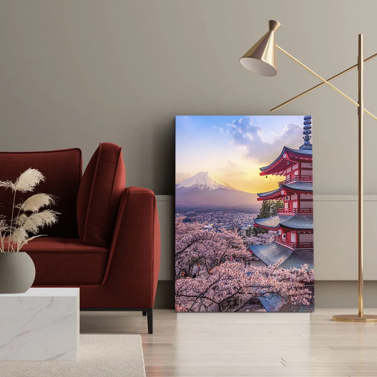 Cuadro sobre lienzo - Impresión de Imagen - Una pagoda en Japón con flores de cerezo y el monte Fuji. - 80x120cm - La esencia del espíritu japonés - Decoración de pared moderna para salón y dormitorio ARTTOR