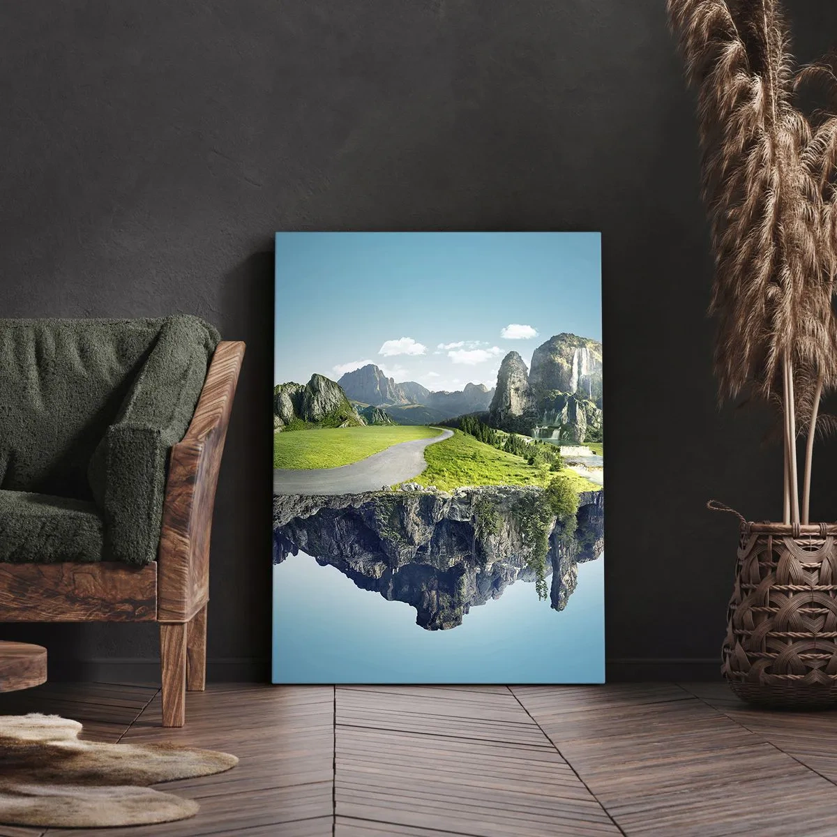 Cuadro sobre lienzo - Impresión de Imagen - Una isla flotante con montañas y cascadas. - 50x70cm - Isla fantástica - Decoración de pared moderna para salón y dormitorio ARTTOR