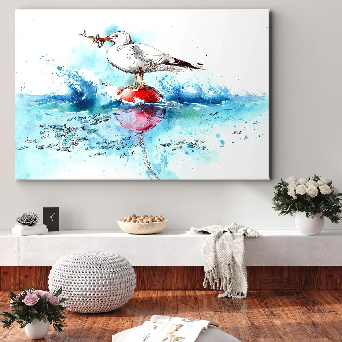 Cuadro sobre lienzo - Impresión de Imagen - Gaviota en una boya con peces al fondo en estilo acuarela - 70x50cm - Una captura exitosa - Decoración de pared moderna para salón y dormitorio ARTTOR