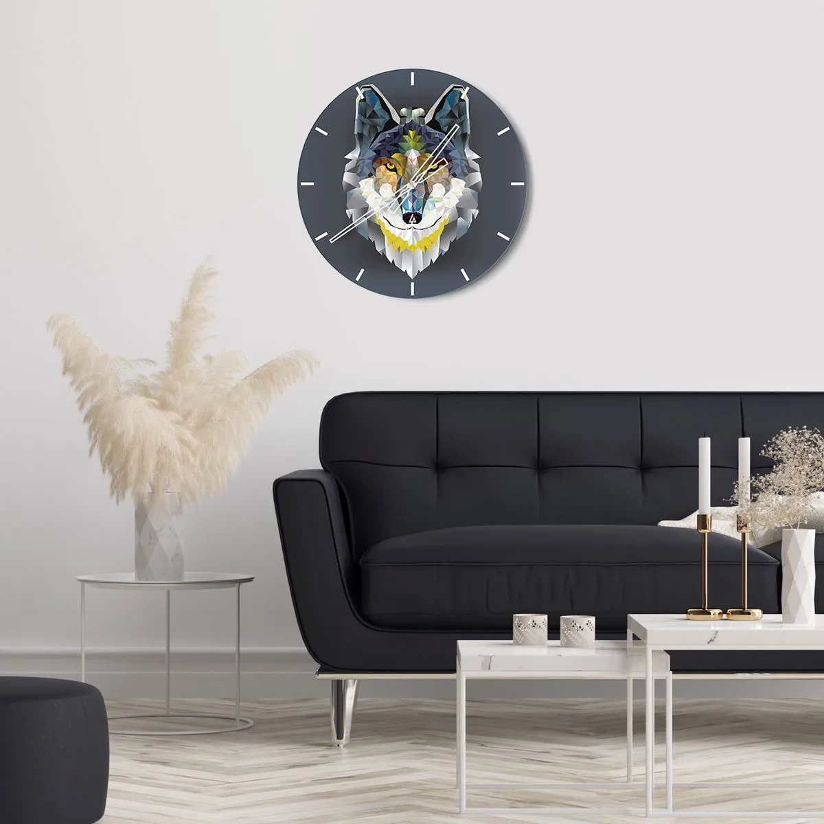 Reloj de pared - Reloj de vidrio - Imagen geométrica de un lobo sobre un fondo oscuro. - 30x30cm - Habla del lobo si lo ves - Decoración de pared moderna para salón, cocina y dormitorio ARTTOR