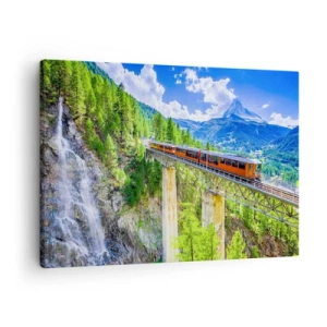 Cuadro sobre lienzo - Impresión de Imagen - Una montaña rusa en un puente con vistas a una cascada y montañas. - 70x50cm - Ferrocarril a los Alpes - Decoración de pared moderna para salón y dormitorio ARTTOR