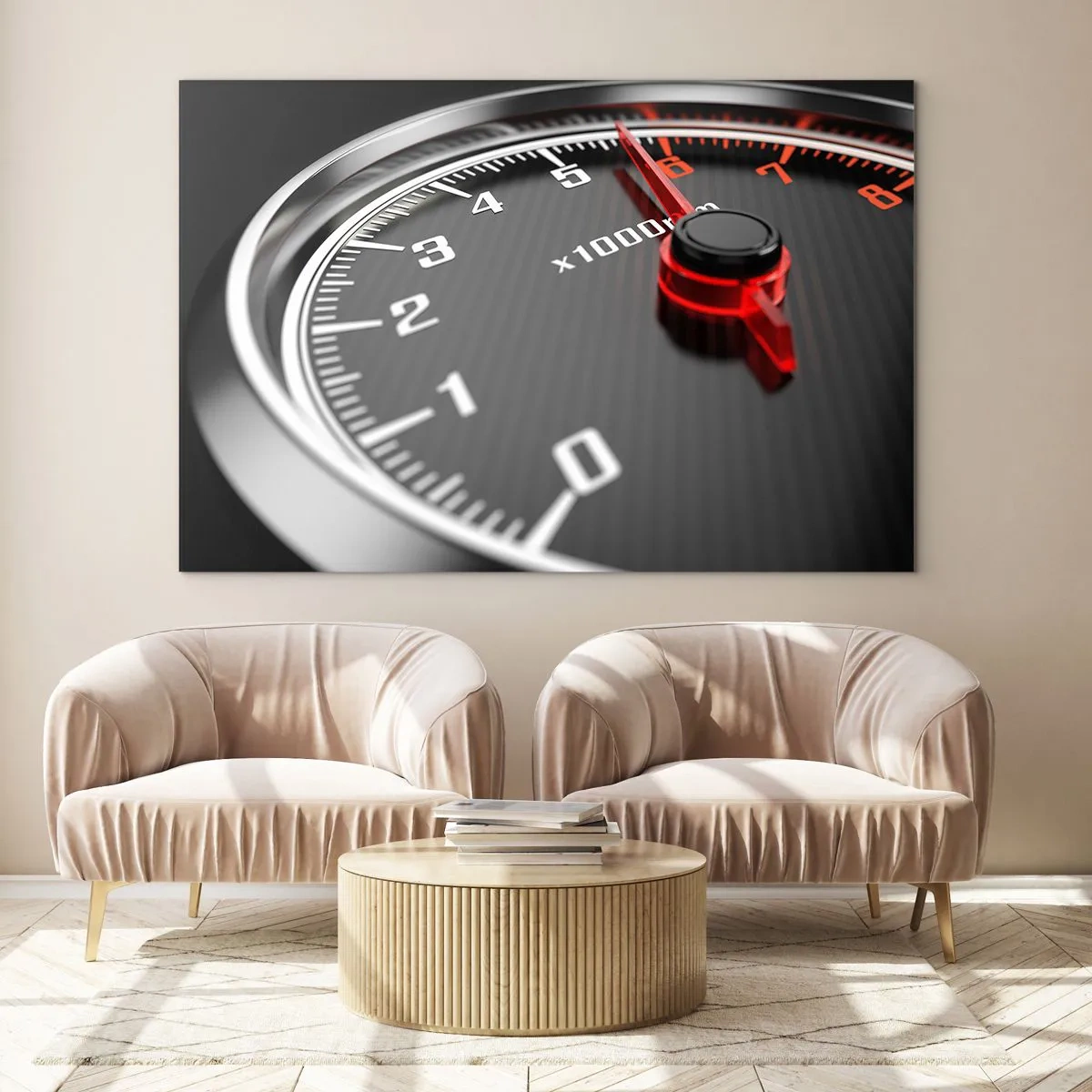 Cuadro sobre vidrio - Impresiones sobre Vidrio - Tacómetro en un coche deportivo con indicación roja - 70x50cm - Pisa a fondo - Decoración de pared moderna para salón y dormitorio ARTTOR