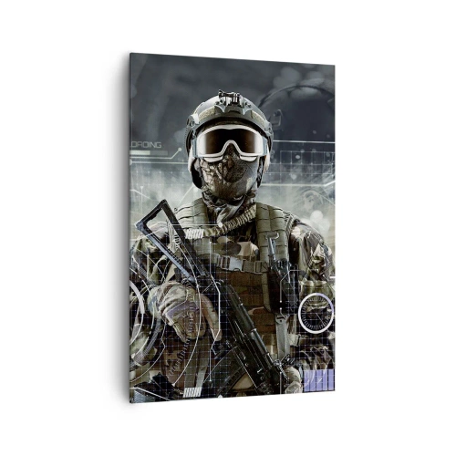 Cuadro sobre lienzo - Impresión de Imagen - Un soldado con un casco futurista y una pistola en un fondo de tecnología. - 80x120cm - De poder a poder - Decoración de pared moderna para salón y dormitorio ARTTOR