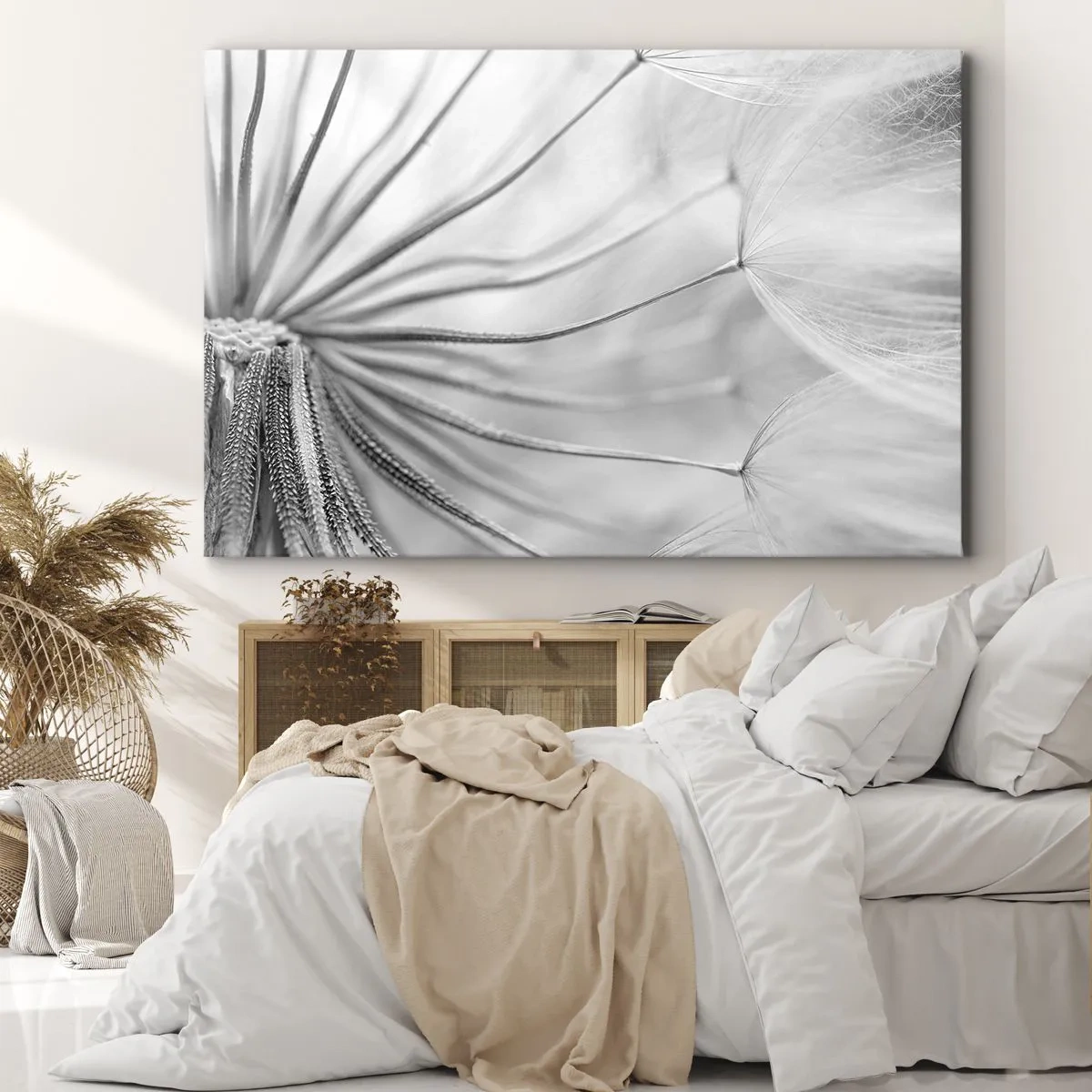 Cuadro sobre lienzo - Impresión de Imagen - Delicados dientes de león en tonos blanco y negro. - 70x50cm - Caricias del viento - Decoración de pared moderna para salón y dormitorio ARTTOR