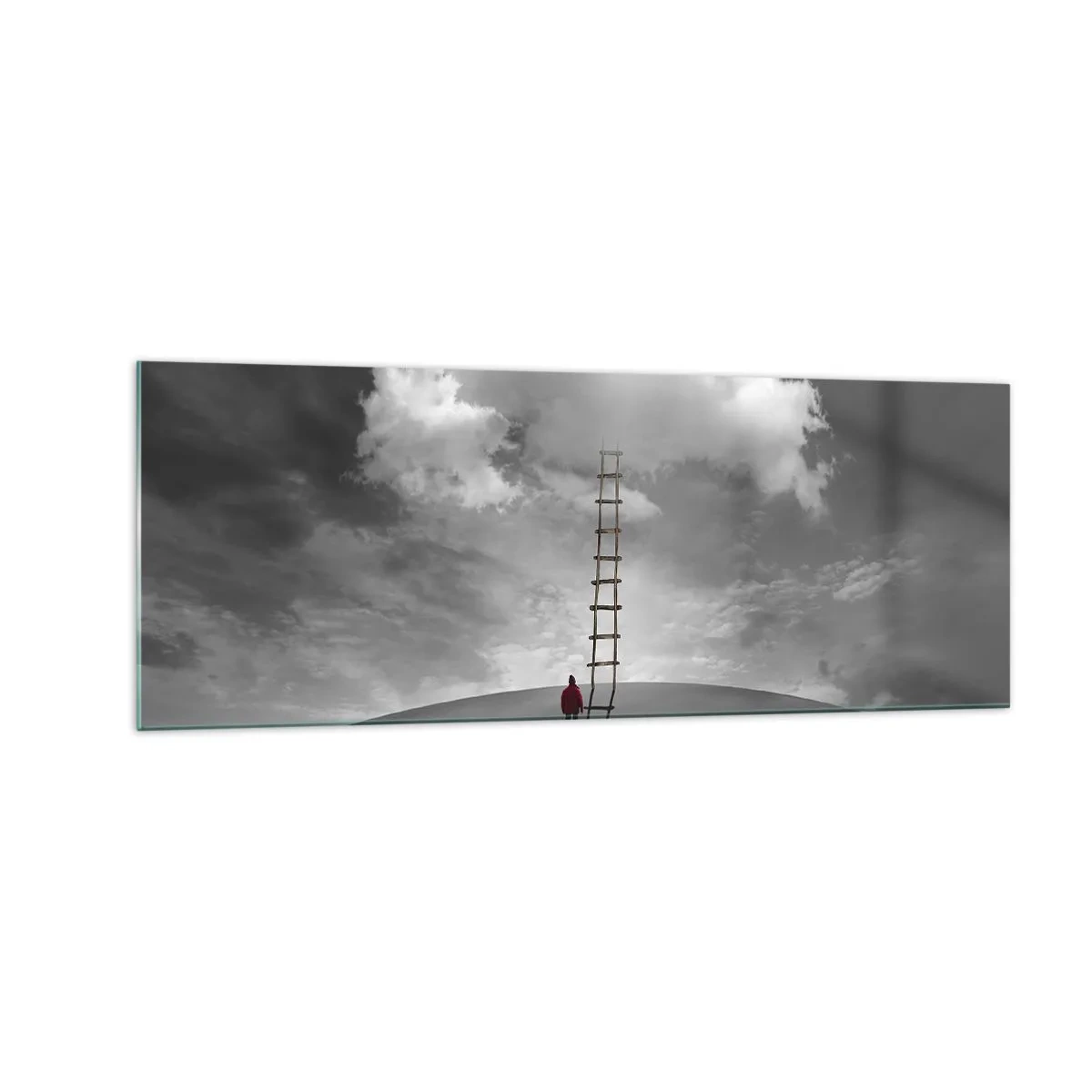 Cuadro sobre vidrio - Impresiones sobre Vidrio - Una persona con un abrigo rojo y una escalera que conduce a una nube. - 140x50cm - Todo es posible - Decoración de pared moderna para salón y dormitorio ARTTOR