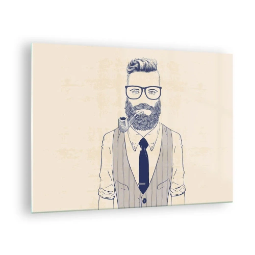 Cuadro sobre vidrio - Impresiones sobre Vidrio - Un hombre estilizado con barba, gafas y pipa sobre un fondo claro. - 70x50cm - Alegre, masculino y a la moda - Decoración de pared moderna para salón y dormitorio ARTTOR