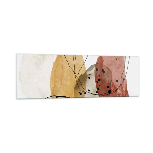 Cuadro sobre vidrio - Impresiones sobre Vidrio - Manchas abstractas en tonos beige, amarillo y rojo. - 160x50cm - Líneas y transparencias - Decoración de pared moderna para salón y dormitorio ARTTOR