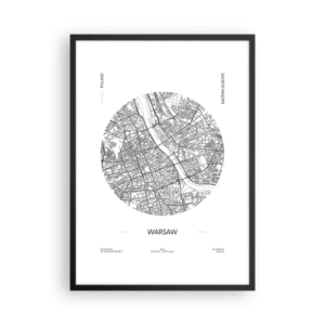 Póster en marco negro - Mapa minimalista de Varsovia en un círculo - 50x70cm - Anatomía de Varsovia - Decoración de pared moderna para salón y dormitorio ARTTOR