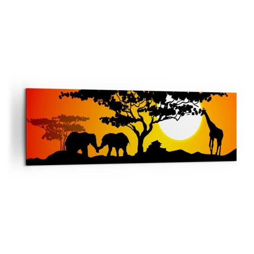 Cuadro sobre lienzo - Impresión de Imagen - Atardecer africano con siluetas de elefantes y jirafas sobre el agua - 160x50cm - Reunión en la sabana - Decoración de pared moderna para salón y dormitorio ARTTOR