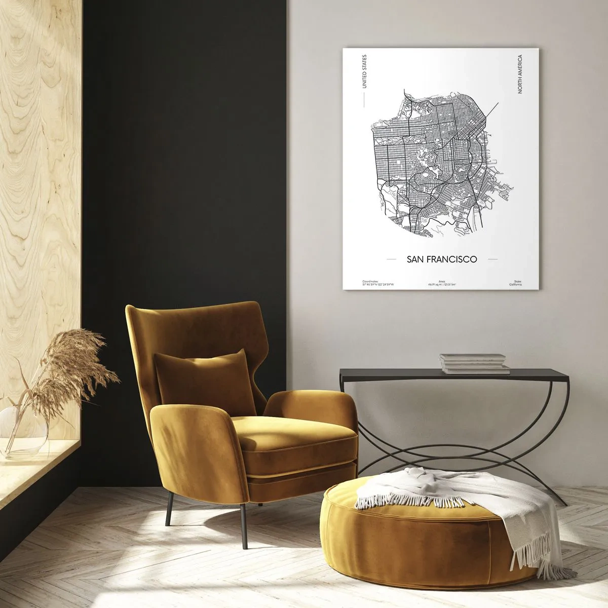 Cuadro sobre vidrio - Impresiones sobre Vidrio - Un mapa de San Francisco en un estilo minimalista en blanco y negro. - 80x120cm - Anatomía de San Francisco - Decoración de pared moderna para salón y dormitorio ARTTOR