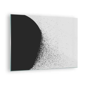 Cuadro sobre vidrio - Impresiones sobre Vidrio - Abstracción de una masa negra que se deshace sobre un fondo blanco - 70x50cm - El movimiento de las partículas - Decoración de pared moderna para salón y dormitorio ARTTOR
