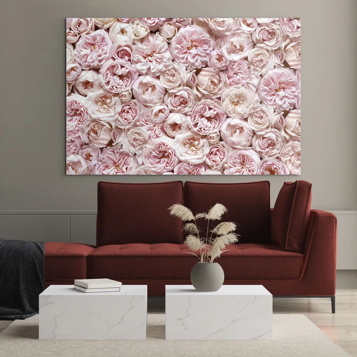 Cuadro sobre vidrio - Impresiones sobre Vidrio - Rosas pastel en un arreglo floral denso. - 100x70cm - Salpicado de rosas - Decoración de pared moderna para salón y dormitorio ARTTOR