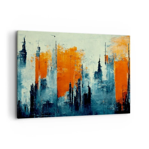 Cuadro sobre lienzo - Impresión de Imagen - Paisaje urbano abstracto en tonos naranja y azul. - 100x70cm - Paisaje moderno - Decoración de pared moderna para salón y dormitorio ARTTOR