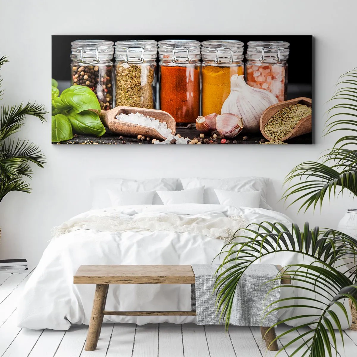 Cuadro sobre lienzo - Impresión de Imagen - Hierbas y especias en frascos de vidrio sobre un fondo oscuro. - 140x50cm - Para que la vida sepa bien - Decoración de pared moderna para salón y dormitorio ARTTOR