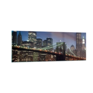 Cuadro sobre vidrio - Impresiones sobre Vidrio - Puente de la ciudad de Nueva York de noche con edificios iluminados - 140x50cm - Una noche iluminada - Decoración de pared moderna para salón y dormitorio ARTTOR
