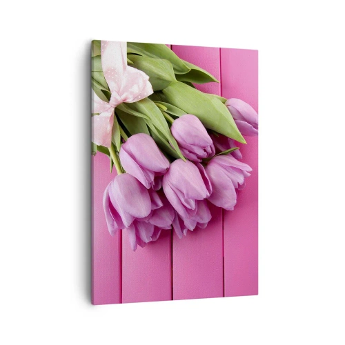 Cuadro sobre lienzo - Impresión de Imagen - Un ramo de tulipanes rosas con un lazo sobre un fondo rosa. - 50x70cm - Solo para ti - Decoración de pared moderna para salón y dormitorio ARTTOR