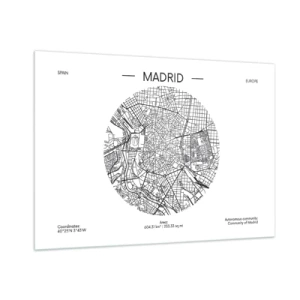 Cuadro sobre vidrio - Impresiones sobre Vidrio - Un mapa minimalista de Madrid en blanco y negro en forma circular. - 100x70cm - Anatomía de Madrid - Decoración de pared moderna para salón y dormitorio ARTTOR