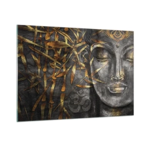Cuadro sobre vidrio - Impresiones sobre Vidrio - Imagen de Buda dorado sobre un fondo de bambú. - 100x70cm - Siente la paz - Decoración de pared moderna para salón y dormitorio ARTTOR